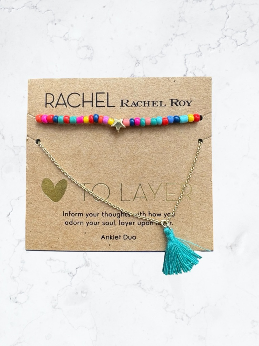 RACHEL Rachel Roy Multicolor Beaded Anklet Duo with Turquoise Tassel